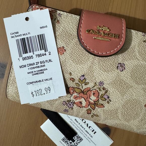 ❤️ Coach Medium Corner Zip Wallet In Signature Canvas With Floral Print - Picture 7 of 10